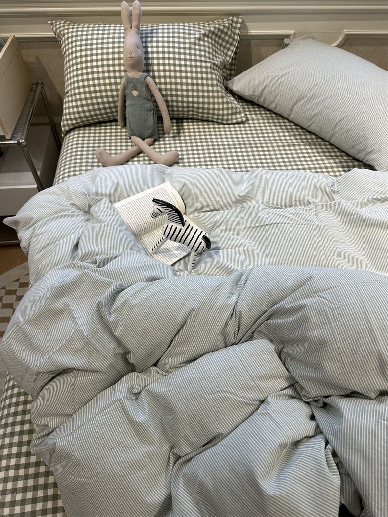 Minimalist Japanese Style Gray Plaid Bedding 100% Cotton 1.5m 1.8m Student Dormitory Duvet Cover Set 1.2m_voghion.com