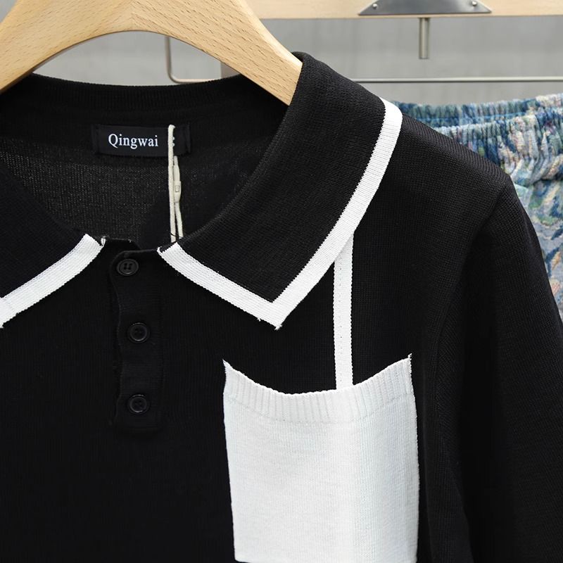 Pánské oblečení Lehké luxusní retro high-end barevně sladěné kapsy s krátkým rukávem Polo pánské letní tenké úzké klopové pruhované tričko s polovičním rukávem_voghion.com