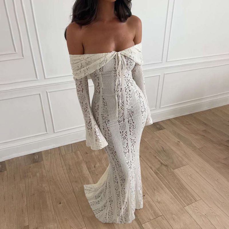 Women's Clothing Off-Shoulder Lace Mermaid Dress – Long-Sleeve Sexy Bodycon Gown (White/Black/Pink/Beige)_voghion.com