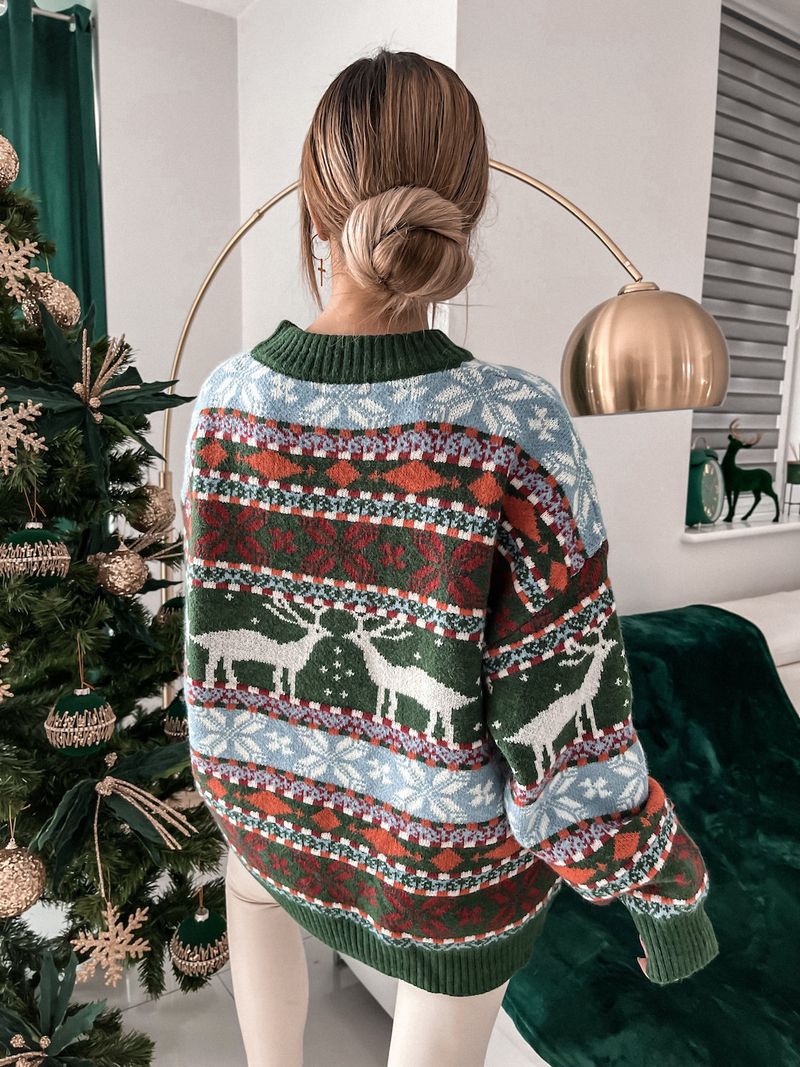 Women's Knit Long-Sleeve Sweater – Cozy Christmas & Autumn Winter Pullover, Loose Fit V-Neck, Polyester Blend, Printed Patchwork Design_voghion.com