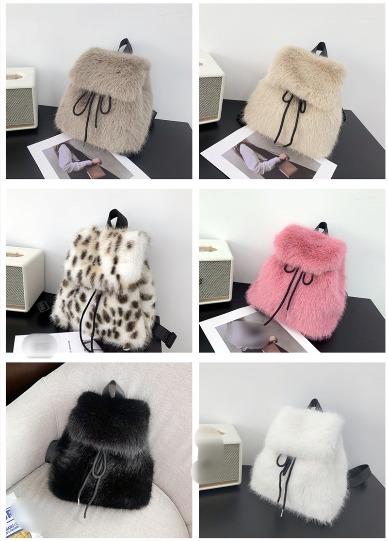 New Plush Backpack Rabbit Fur Fur Backpack Student Girl Large Capacity Drawstring Leopard Pattern Solid Color Versatile Bag_voghion.com