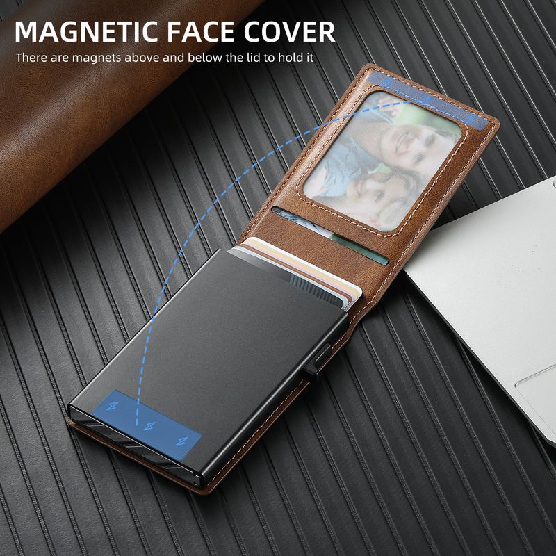 Card Cases Carbon Fiber Leather Keys Automatically Eject Card Case Card With Photo Frame Oil Wax Glossy Lychee Scrub_voghion.com