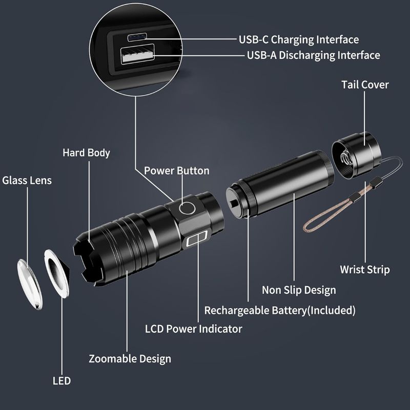 Exclusief sterk lichtbereik, opladen, ultrahelder, lange levensduur, draagbare zaklamp voor thuis en buiten_voghion.com