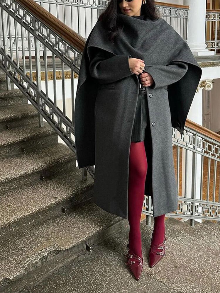 Elegant Long Wool Coat For Women - Scarf Collar Loose Fit Overcoat With Double Breasted Closure, Autumn Winter Fashion Outerwear_voghion.com
