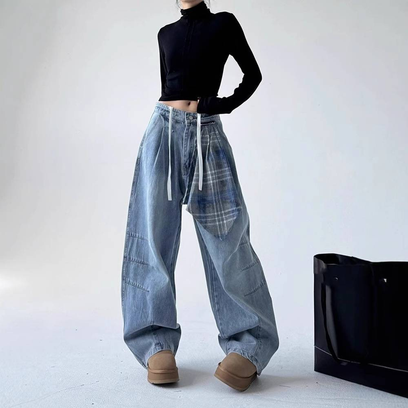 Erkek Giyim Retro Fermuarlı Tasarım Kare Havlu Yıkanmış Kot Pantolon Kadın Düz Bol Günlük Orak Paça Geniş Paça Pantolon_voghion.com