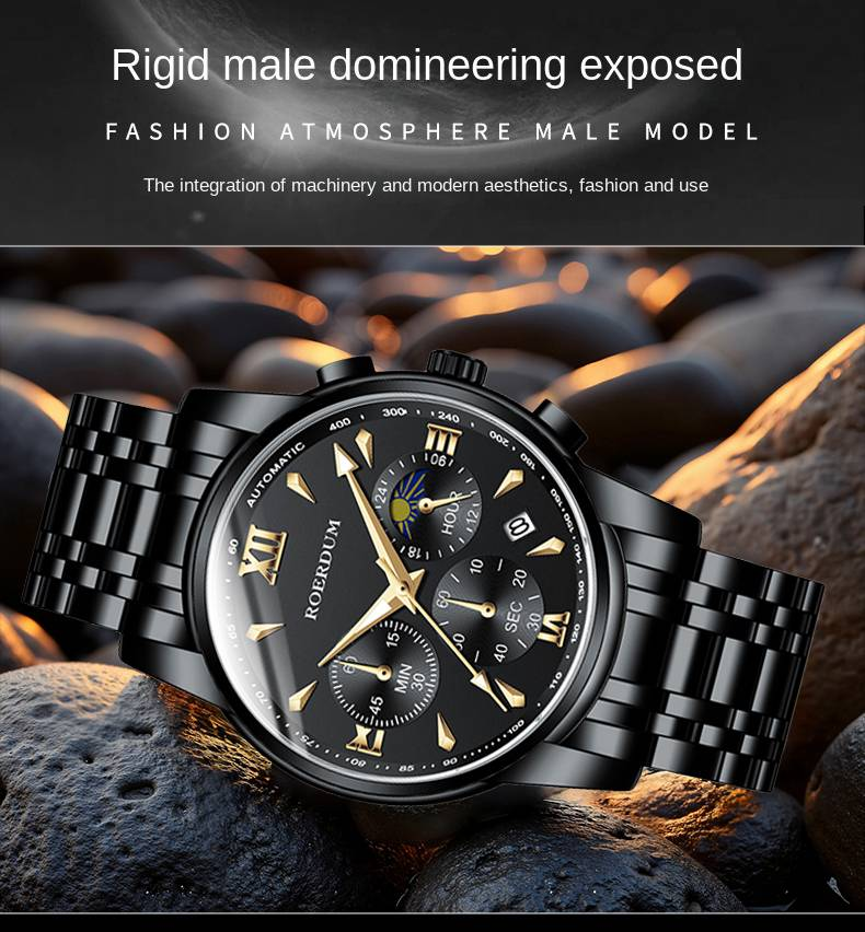 ROERDUM Cool Play Series - Quartz Movement,Stainless Steel Bracelet,Black Dial,Casual & Stylish Men's Watch_voghion.com
