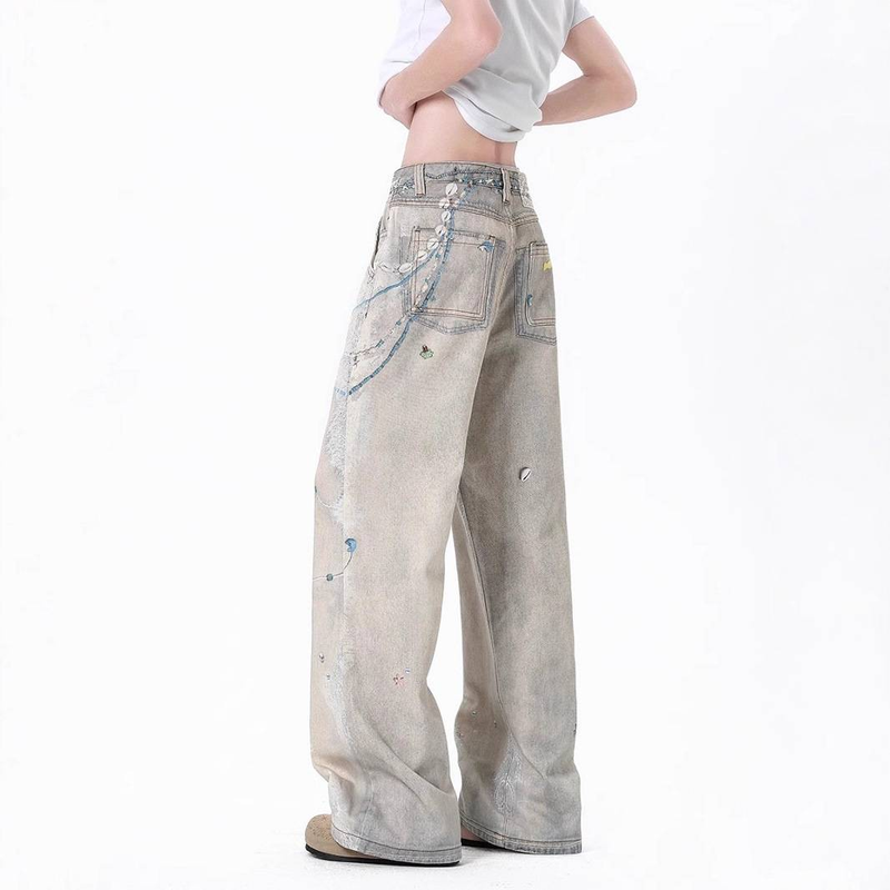 "Erkek Yıpranmış Desenli Kot Pantolon - Zincir ve Dantel Tasarımlı Yıkanmış Kot (S-3XL)"_voghion.com