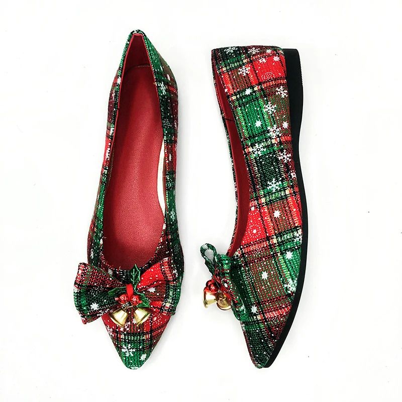 Damenschuhe für Weihnachten, spitze Zehenpartie, Mädchen-Flats mit Glöckchen, Größe 33–44, rot karierte Schuhe_voghion.com