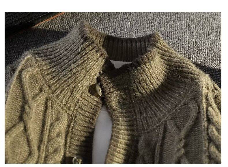 Cardigan da uomo in maglia a trecce con collo alto - Maglione retrò a blocchi di colore per autunno e inverno (blu, caffè, dalla S alla XXXL)_voghion.com