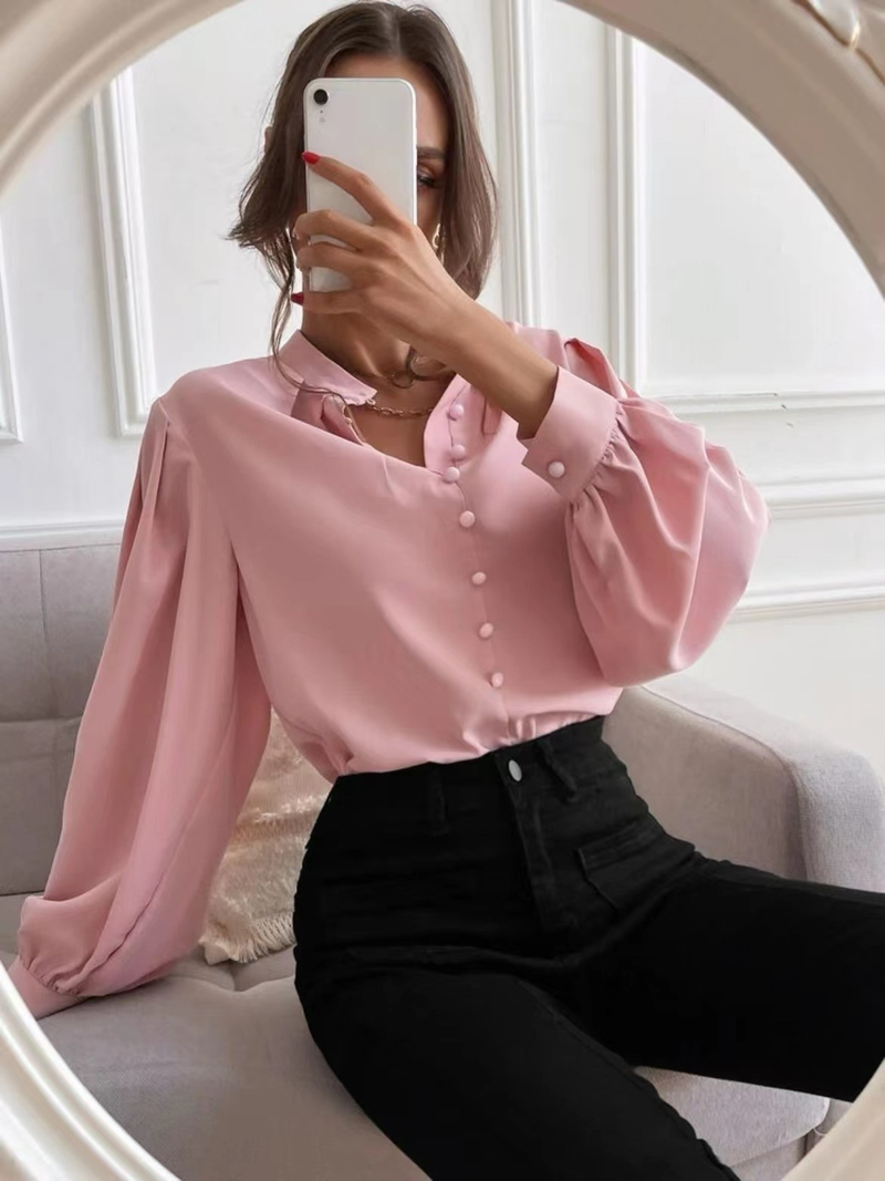 Women's Shirts Solid Color Lapel Long Sleeve Single-row Button Loose Women's Top_voghion.com