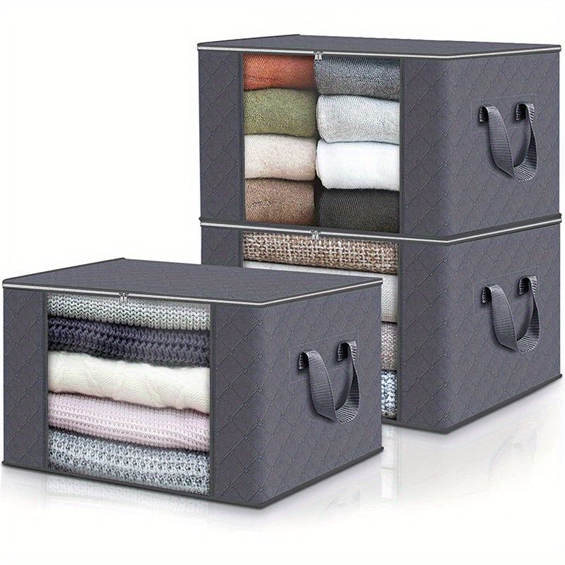 Large Capacity 3-Pack Foldable Grey Woven Fabric Storage Bins - Ideal For Home, Bedroom, Dorm, Spa Wardrobes - No Electricity Needed_voghion.com