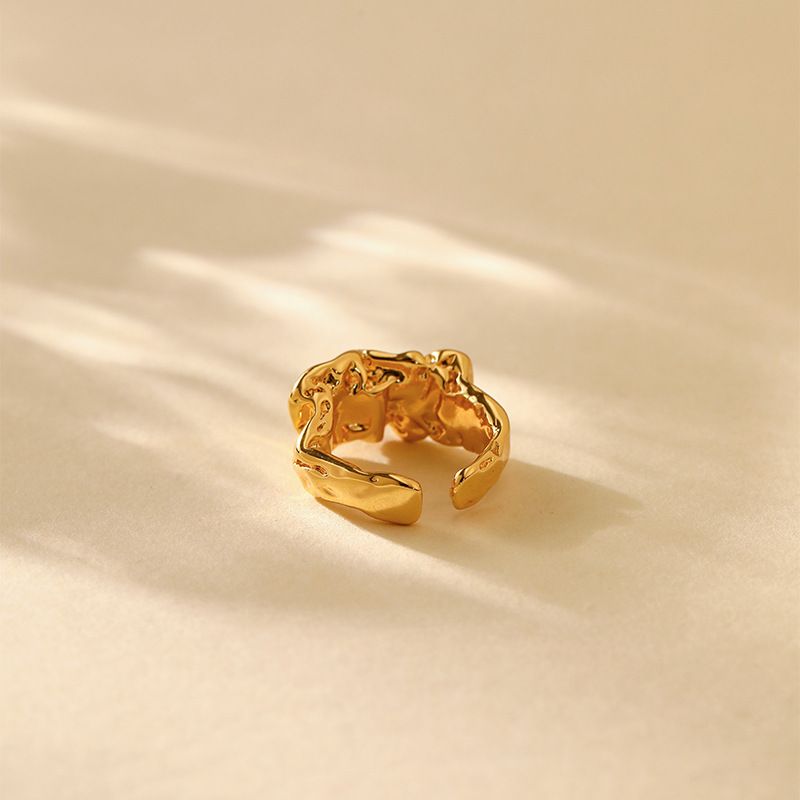 Heavy metal color preserving love ring copper plated with K real gold stacking fashion irregular texture retro ring_voghion.com