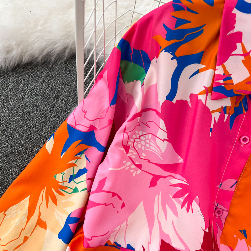 Modesæt til kvinder afslappet løs langærmet enkeltradet skjorte i to dele sæt højtaljede slankende tie-dye printede brede ben bukser_voghion.com