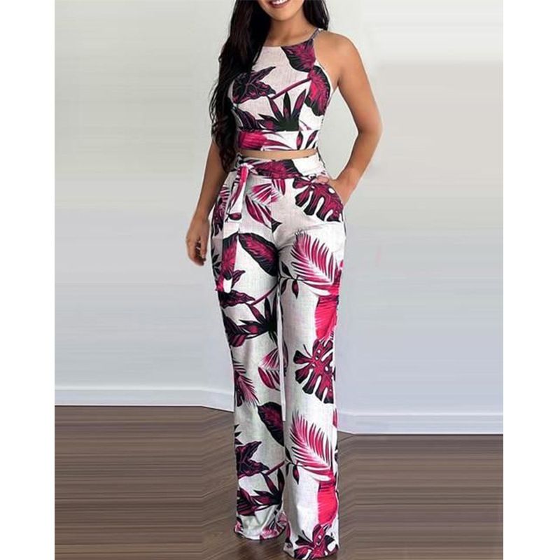 Vêtements pour femmes été deux pièces gilet court imprimé taille haute pantalon large costume de loisirs pour dames_voghion.com