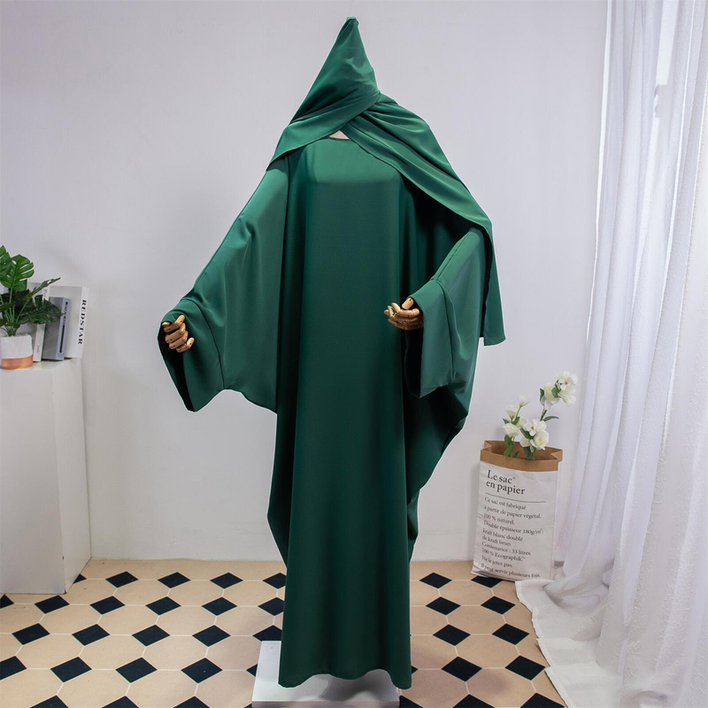 Dammekleeder Einfarweg Arabesch Kleed Fraekleed mat Kappduch Abaya Casual Loose Fliedermausärmel Robe_voghion.com