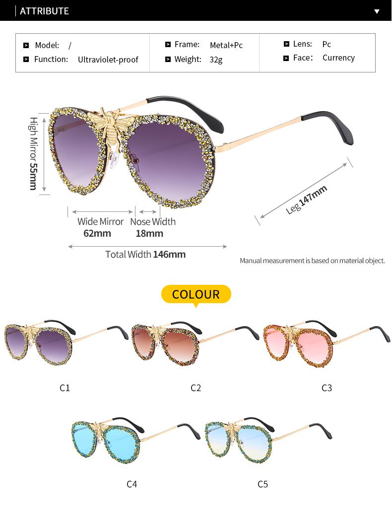 Europäische und amerikanische Persönlichkeit Bee Net Red Sonnenbrille mit Diamanten eingelegt Retro Metall Mode Große Rahmen Sonnenbrille Weibliche Ins Trend Cross Border_voghion.com