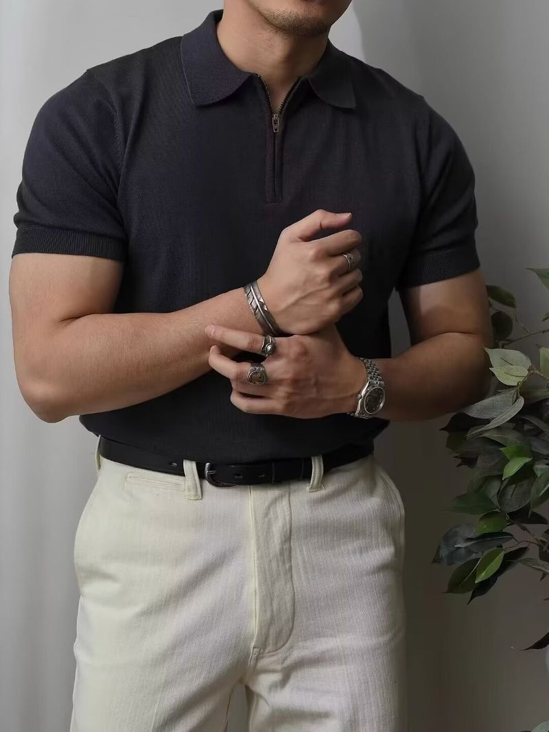 Herrenbekleidung Fabrik Direktverkauf Eisseide Strickoberteile für Männer High-End Sommer Leichte Luxus Herrenmode Kurzarm Poloshirt Halbreißverschluss_voghion.com