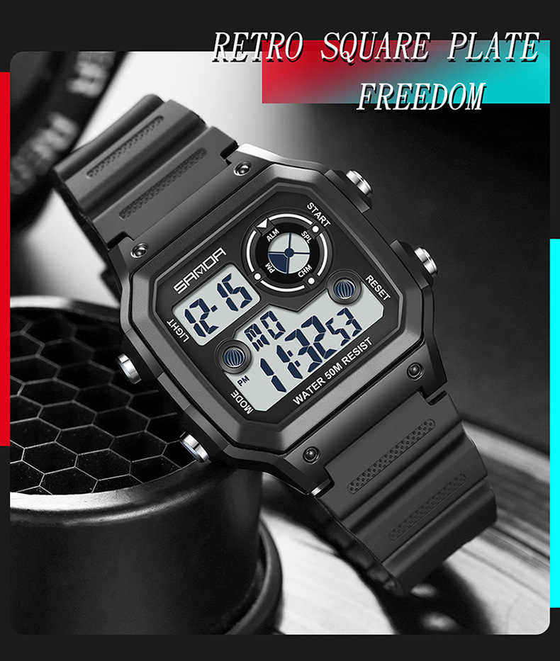 Digital Sports Watch With LED Backlight, Waterproof, Alarm, And Military-Grade Durability - Lightweight Resin Strap, Square Dial, 50M Water Resistance_voghion.com