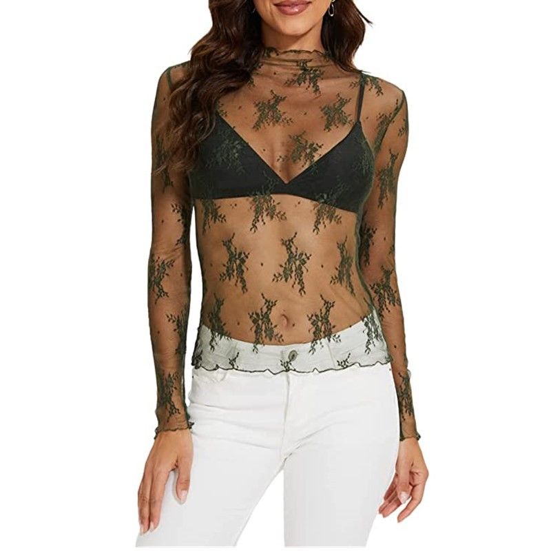 Women's Clothing Mesh Long Sleeved Floral Embroidery Perspective Bottoming T Shirt Shirt Tops Women_voghion.com