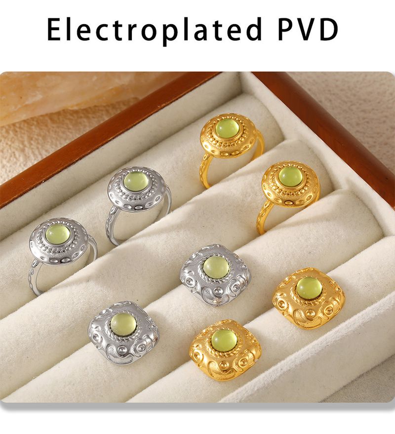 Vintage Square Earrings Threaded Green Glass Earrings Court Style Open Ring Set_voghion.com