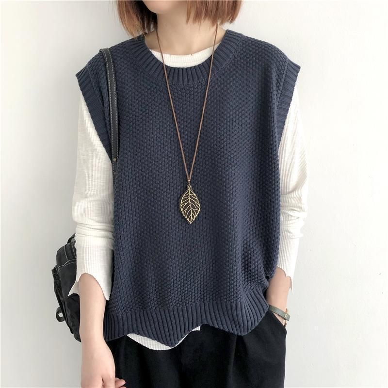 K Women's Knitted Vest; Pure Color, Loose, Round Neck, Irregular Pullover Short Cardigan._voghion.com