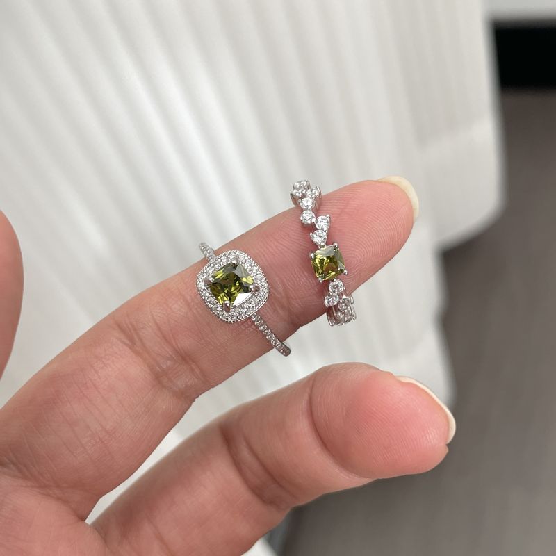 Tiqi French Olive Green Square For Women S Pure Silver Palace Style Diamond Sparkling Zirconia Stacked Finger Ring_voghion.com