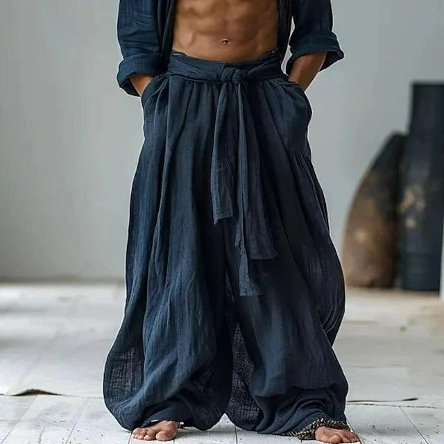 Vêtements pour hommes Pantalons en lin pour hommes Été Taille élastique Jambe large Couleur unie Confortable Respirant Décontracté Quotidien Vacances Mode Style classique_voghion.com