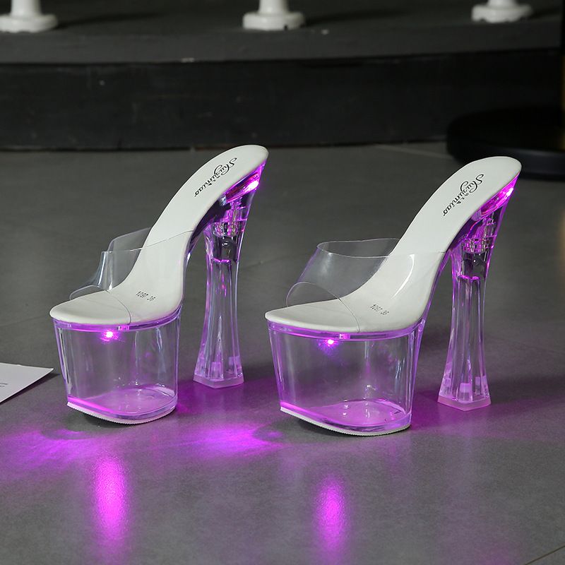 Size 34-43 New Thick Heels Hentian High Nightclub Luminous Sandals Women's Walking Show Steel Pipe Dance Shoes Crystal_voghion.com