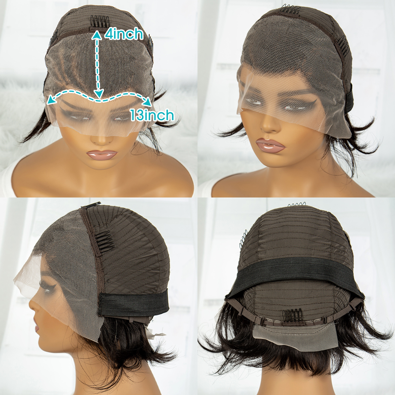 Trumpas Pixie Cut Pintas Bob Lace Part Pixie Perukas Moterims Žmonių Plaukai Be klijų Brazilijos Remy Plaukai 200% 13*4_voghion.com