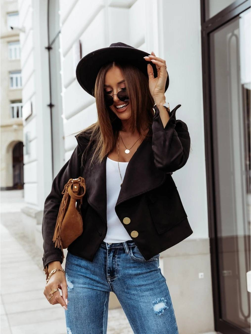 Abbigliamento donna autunno e inverno giacca in pelle di daino con bottoni in velluto a maniche lunghe con risvolto piccolo cappotto_voghion.com