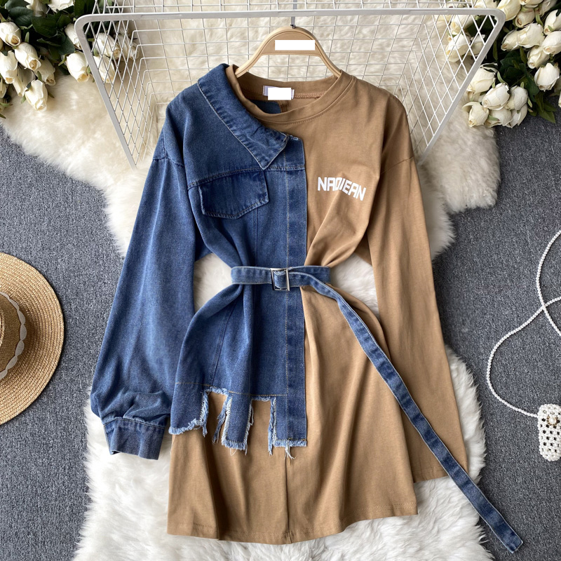 Abbigliamento donna Camicia in denim Abito patchwork Maniche lunghe Design asimmetrico Nicchia Vita Snellente Gonna fianchi_voghion.com