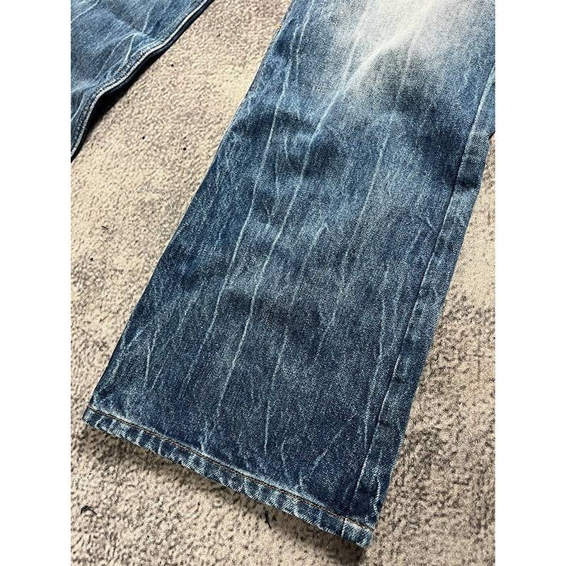 Herenkleding Retro Donkerblauwe Bliksem Gebarsten Jeans Voor Mannen En Vrouwen Losse Wijde Broeken Gewassen Rechte Uitlopende Broeken_voghion.com