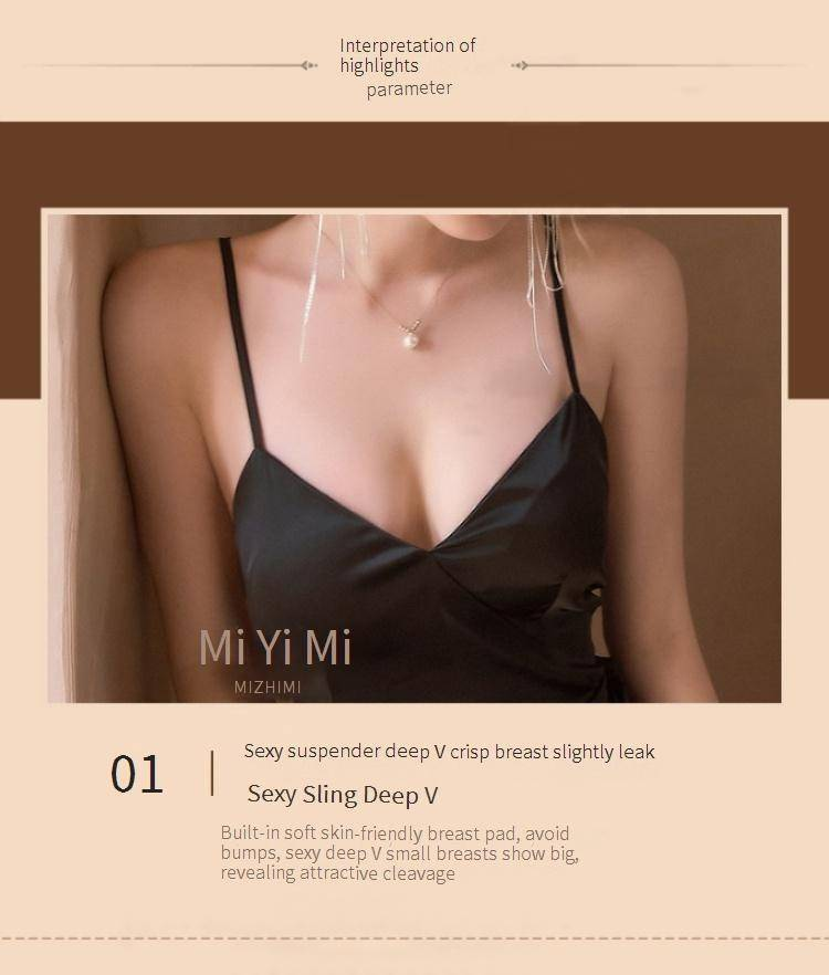 Sexy Nachtwäsche Bequemer, einfacher Pyjama aus Eisseide, Sling-Nachthemd mit Schnürung, äußere Robe, weiblicher Heimkleidungsanzug_voghion.com