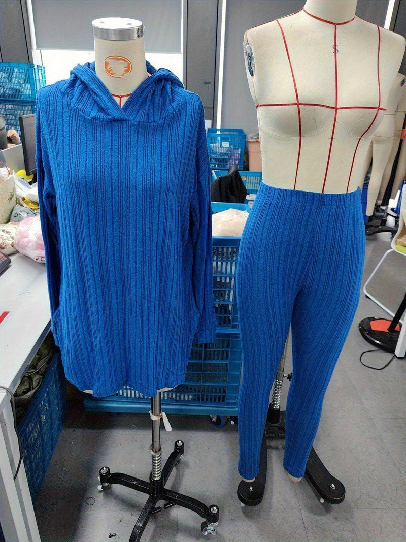 Geripptes, einfarbiges Langarm-Kapuzenoberteil und Leggings-Set in Übergröße, lässiges 2-teiliges Damen-Set mit hohem Stretchanteil_voghion.com