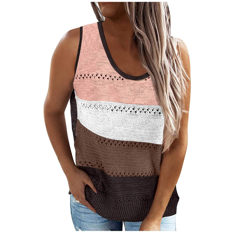 Maglione senza maniche a righe color-block primaverile – Pullover in misto cotone con scollo a V per donna (7 colori, dalla S alla XXL)_voghion.com