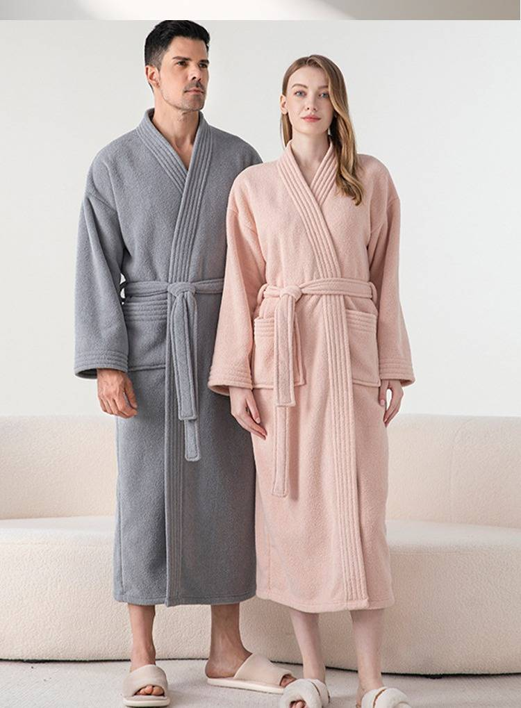 Soft Fleece Bathrobe For Women & Men - Ultra Plush Winter Robe With V-Neck, Cozy Homewear For Couples, Quick-Dry Loungewear_voghion.com