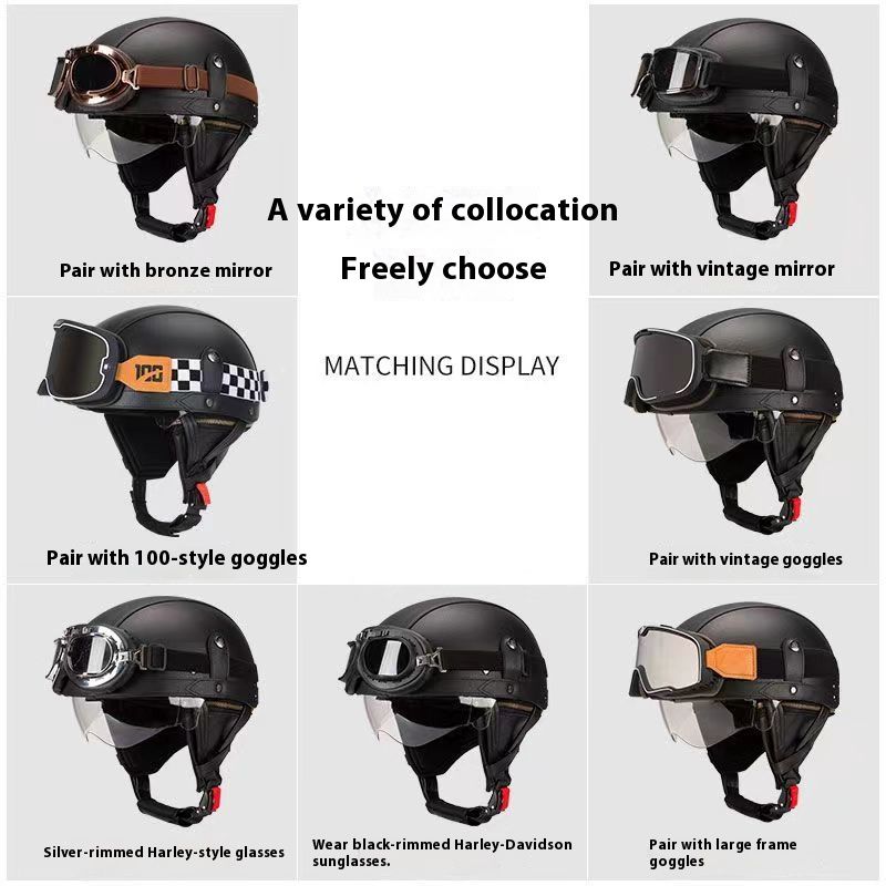 3C Certified Motorcycle Half Helmet – Retro Cruiser ABS Shell With Interchangeable Lenses (Black/White/Brown/Pink) – Handcrafted Leather_voghion.com