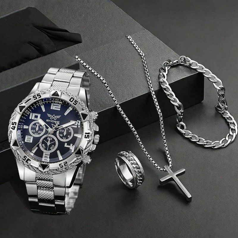 Men's Casual Stainless Steel Quartz Watch Set, Includes Necklace, Bracelet, And Ring, With Free Stylish Jewelry Set (Box Not Included)_voghion.com