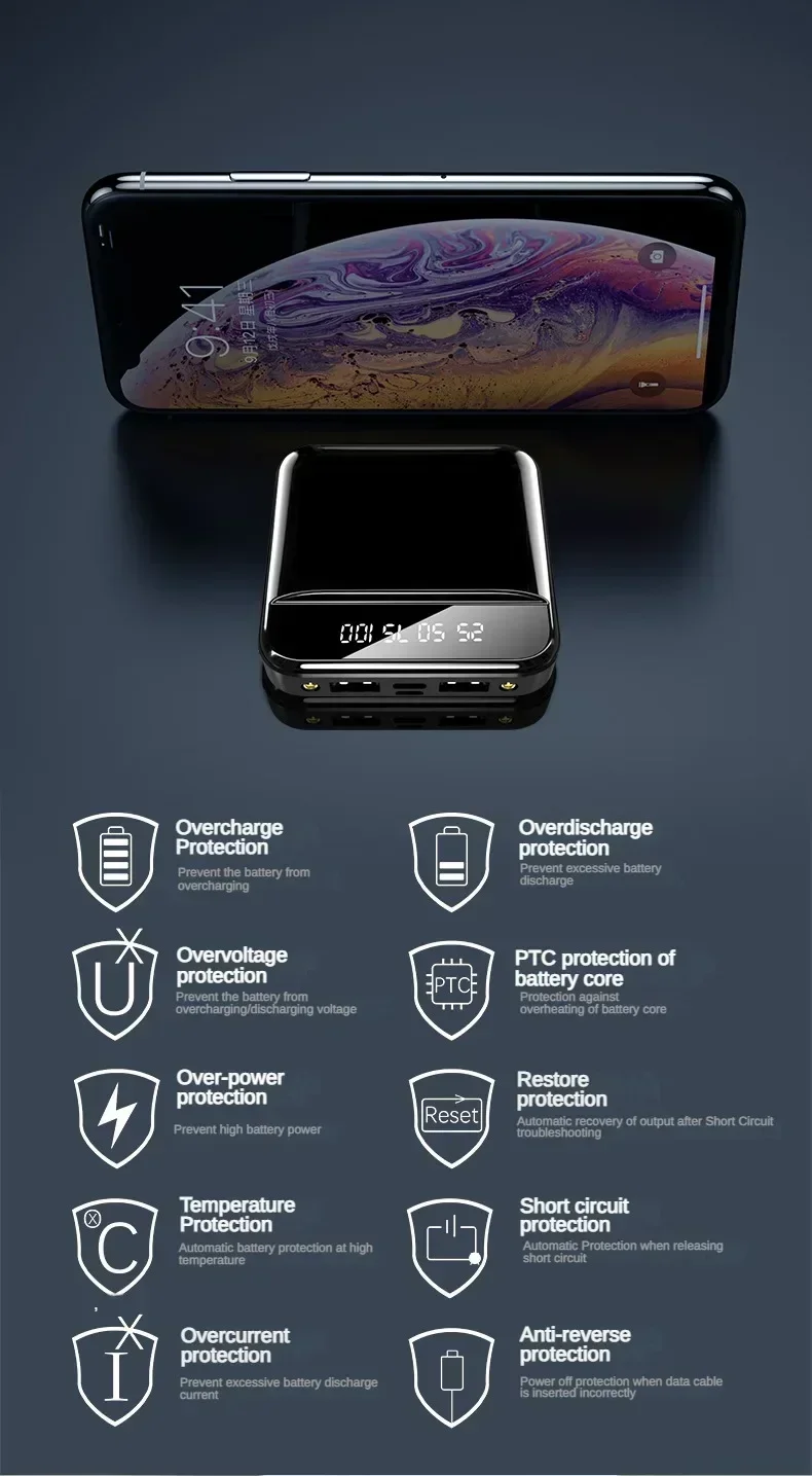 Portable 10000/20000 Mah Fast Charging Display Integrated Cable Dual LED Lighting Mini Power Bank Suitable For All_voghion.com
