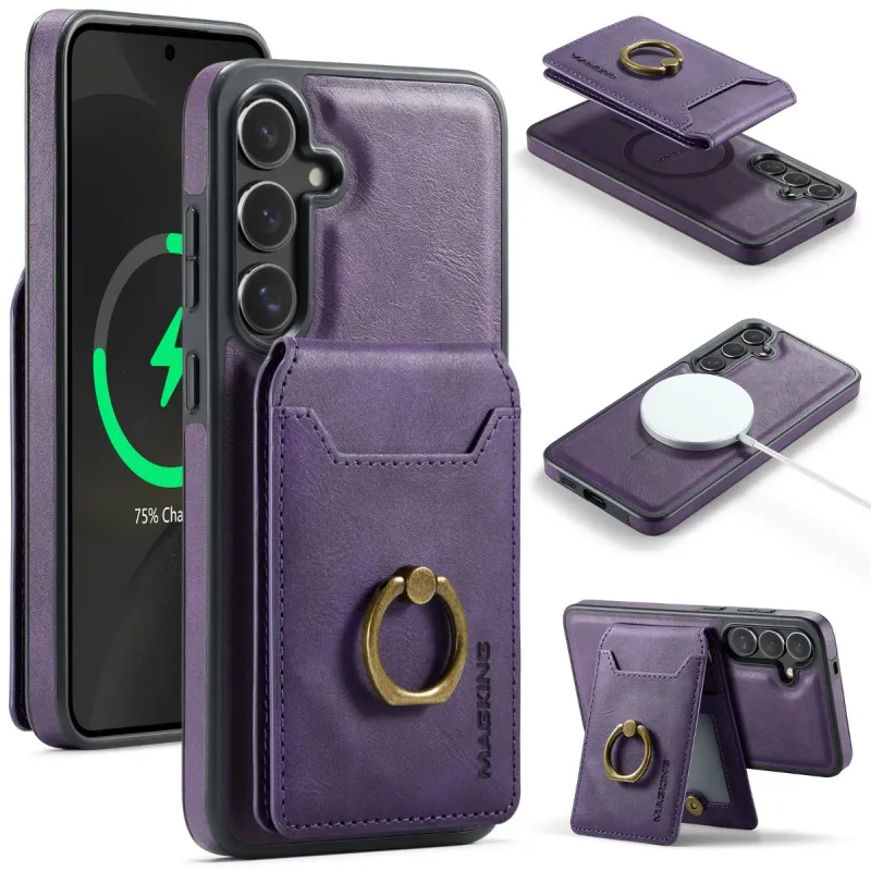 Für Samsung Galaxy S25 S23 Ultra S24 Plus Telefonhülle mit magnetischem abnehmbarem Kartenhalterring Kabellose Ladelederabdeckung_voghion.com