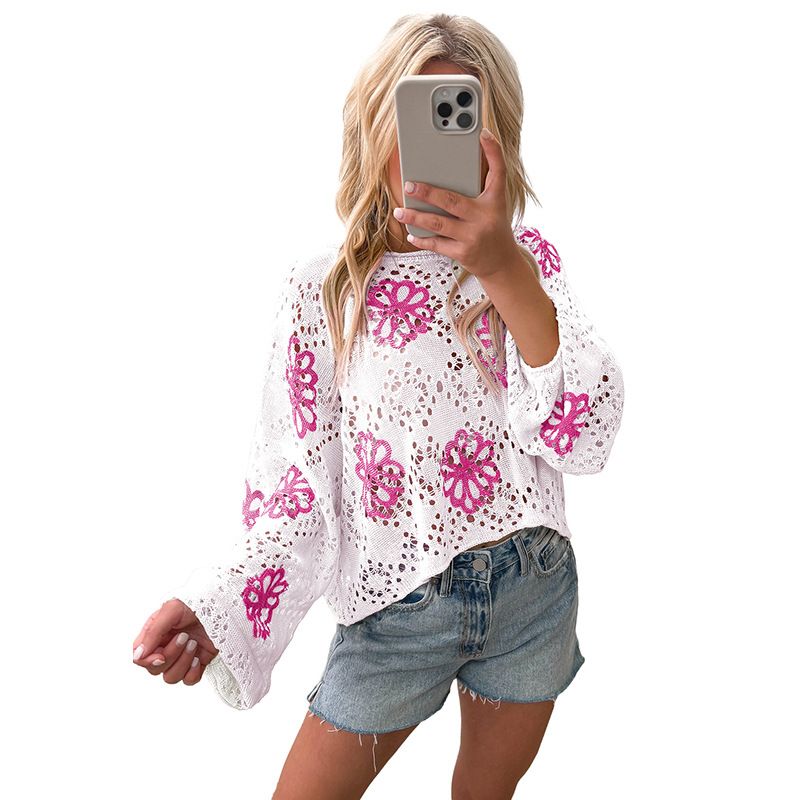 2025 Winter New Floral Print Short Fashionable And Unique Hollow Out Drop Shoulder Knitted Sweater For Women_voghion.com