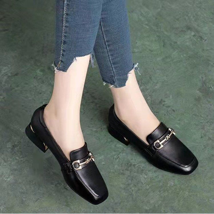 Soft-soled Loafers Women's Square Head Shallow Mouth Single Shoes Women's One-pedal Small Leather Shoes Square Heel British Style_voghion.com