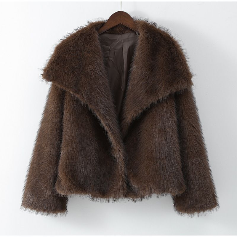 Abrigo de felpa con solapa de color liso para mujer, abrigo de piel sintética de otoño e invierno, abrigo de felpa de manga larga a la moda._voghion.com