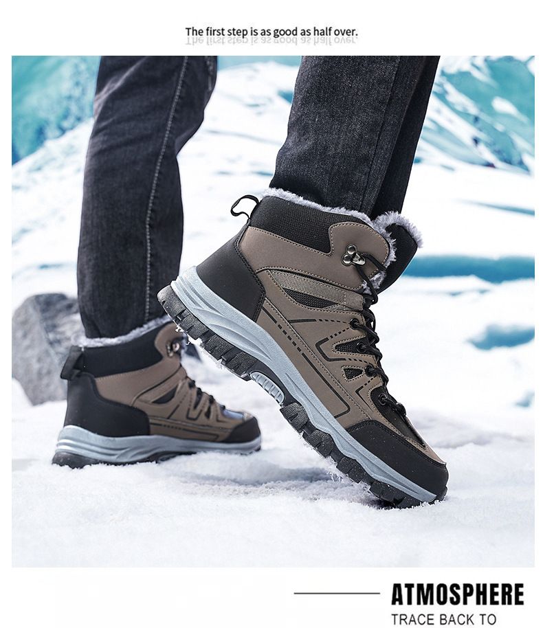 Large size winter men's outdoor leather hiking shoes with plush insulation large cotton snow boots_voghion.com