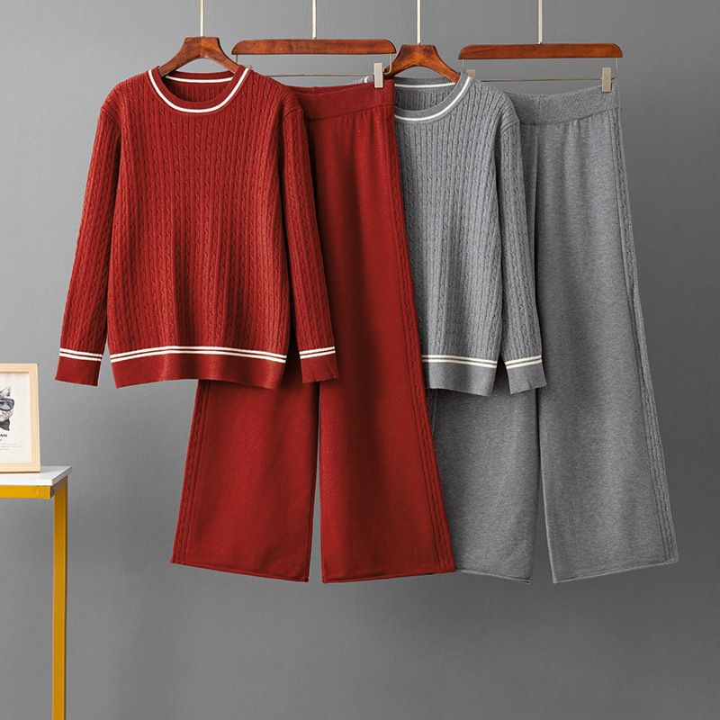 Elegante set di maglione e pantaloni in maglia - Completo casual a righe con pullover a maniche lunghe e pantaloni in morbida miscela di viscosa, versatile per l'ufficio e per tutti i giorni_voghion.com