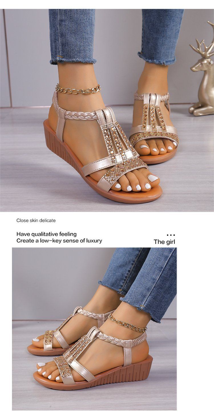 Chaussures pour femmes, mode d'été, bouche de poisson, ensemble pied, talon compensé, mode loisirs, grande taille, sandales bohèmes à strass_voghion.com