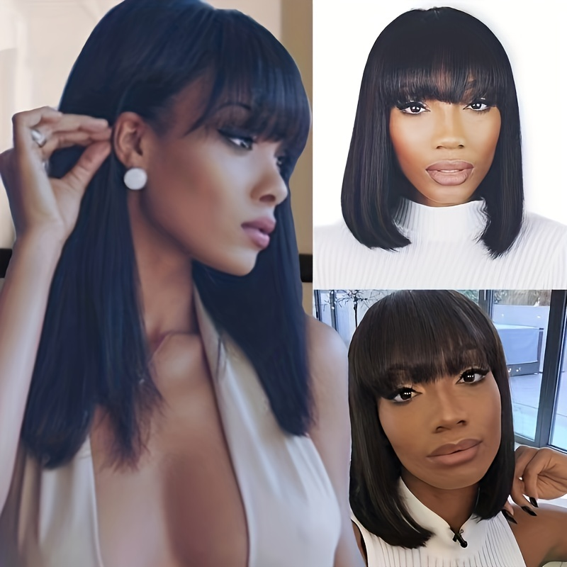 180% Density Human Hair Wig Straight BOB Wig With Bangs For Daily Use_voghion.com