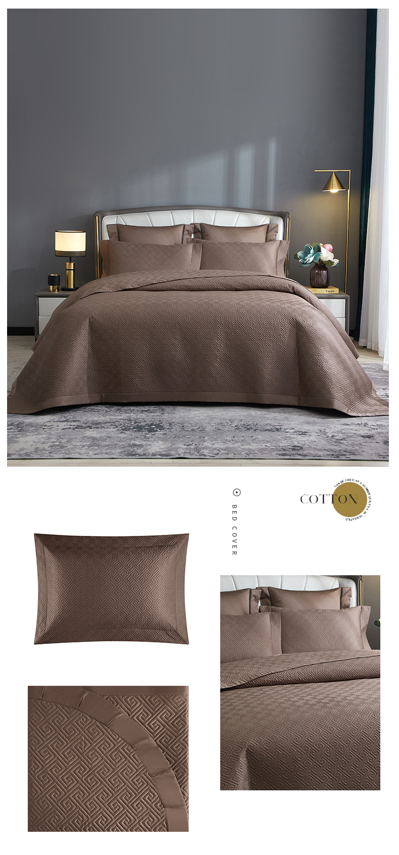 Parure de lit trois pièces en coton à longues fibres 100 fils de haute qualité, drap-housse matelassé double face en pur coton, pour toutes les saisons_voghion.com