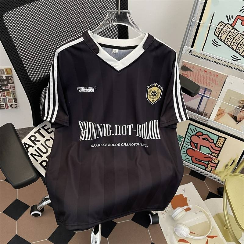 Men's Clothing Retro Striped Sports Jersey Short Sleeve T Shirt Men And Women Loose Casual V Neck Five Point Sleeve Top_voghion.com