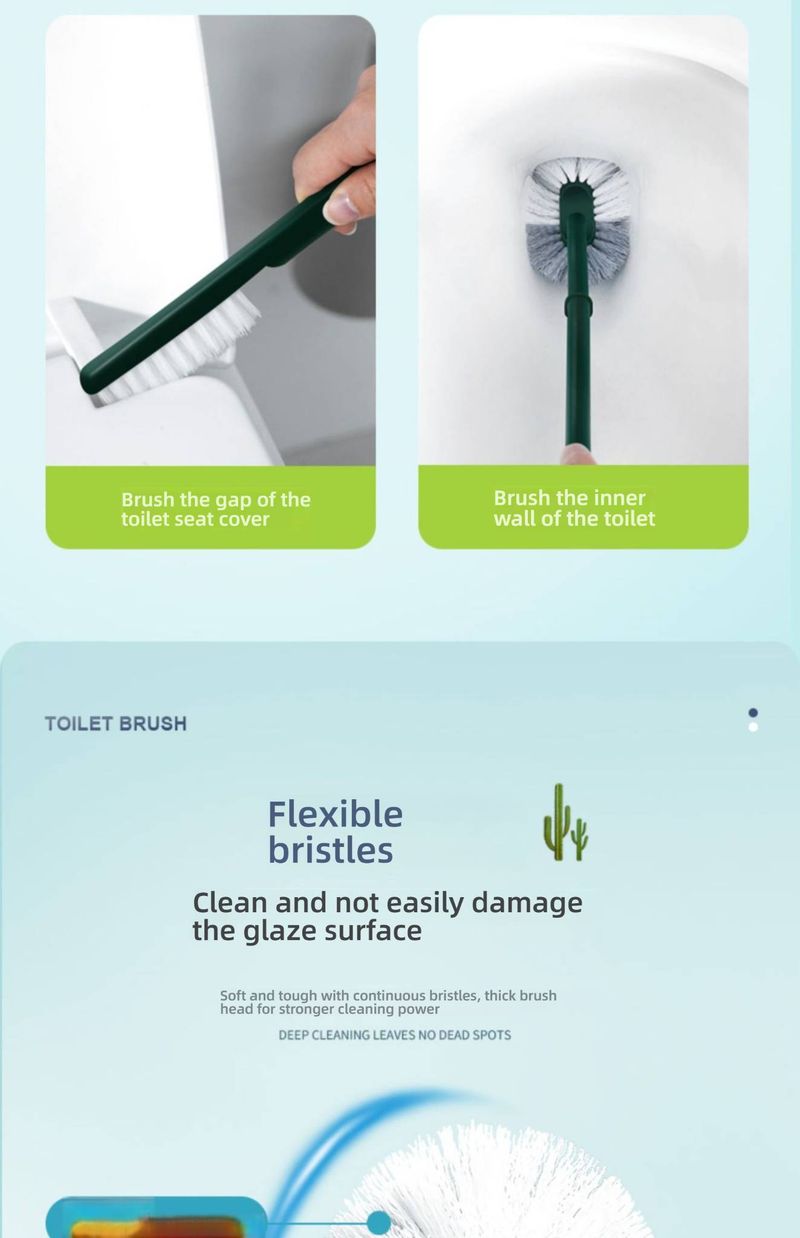 Cactus Toilet Brush Set With Wall-Mount Holder, Long Handle Deep Cleaning, Space-Saving Bathroom Organizer (Ocean Blue/Spruce Green)_voghion.com